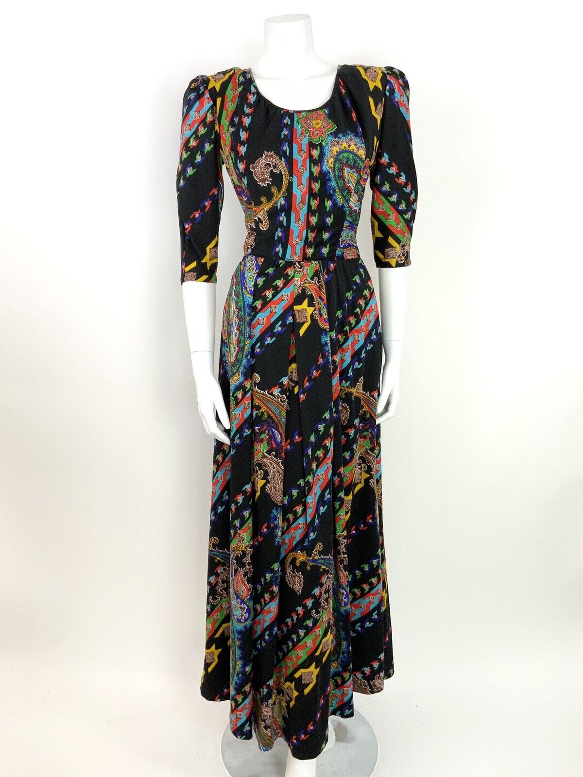VINTAGE 60s 70s PAISLEY PSYCHEDELIC BLACK YELLOW BLUE RED GREEN MAXI DRESS 8