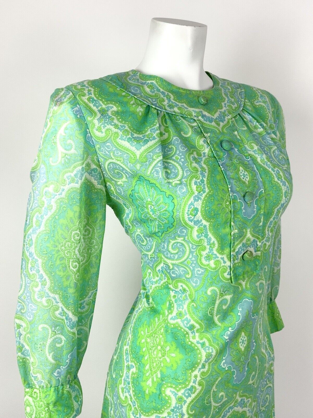 VTG 60s 70s GREEN BLUE WHITE FLORAL PSYCHEDELIC DAMASK BAROQUE MOD DRESS 12 14