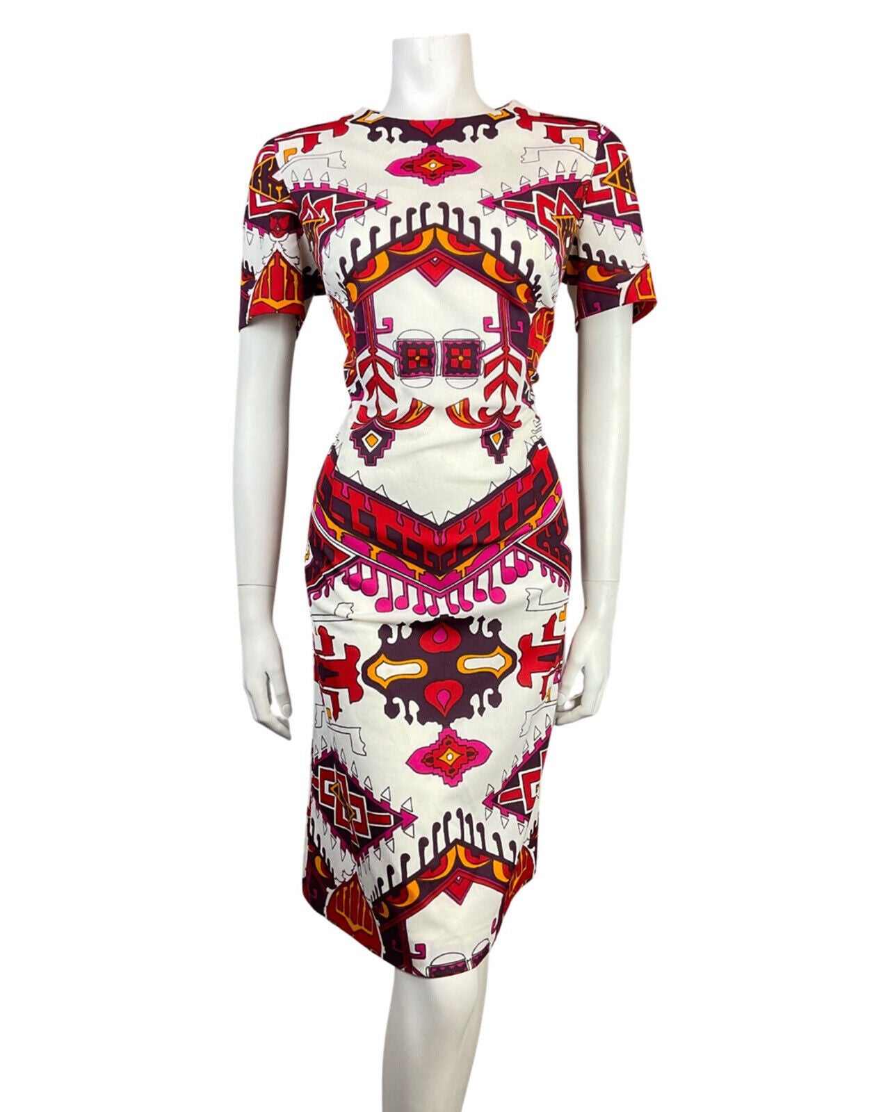 VINTAGE 60s 70s WHITE PURPLE PINK YELLOW AZTEC GEOMETRIC MOD DRESS 14 16