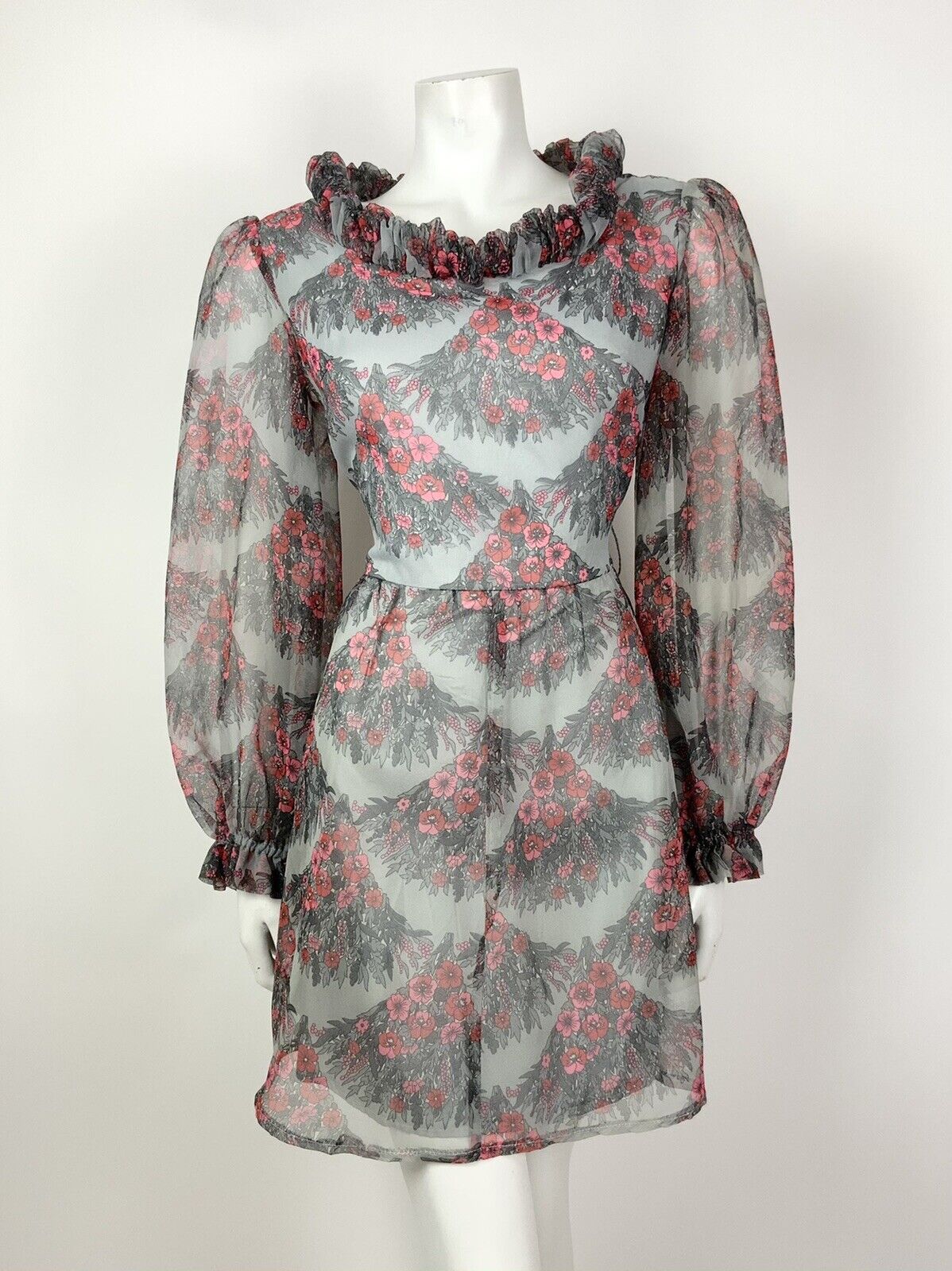 VINTAGE 60s 70s GREY RED PINK FLORAL SCALES RUFFLED SHEER MOD DRESS 12 14