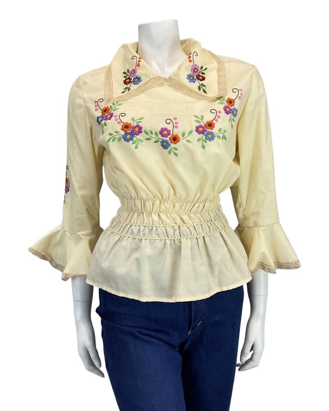 VINTAGE 70s CREAM PURPLE RED FLORAL EMBROIDERED PRAIRIE BOHO FOLK BLOUSE 10 12
