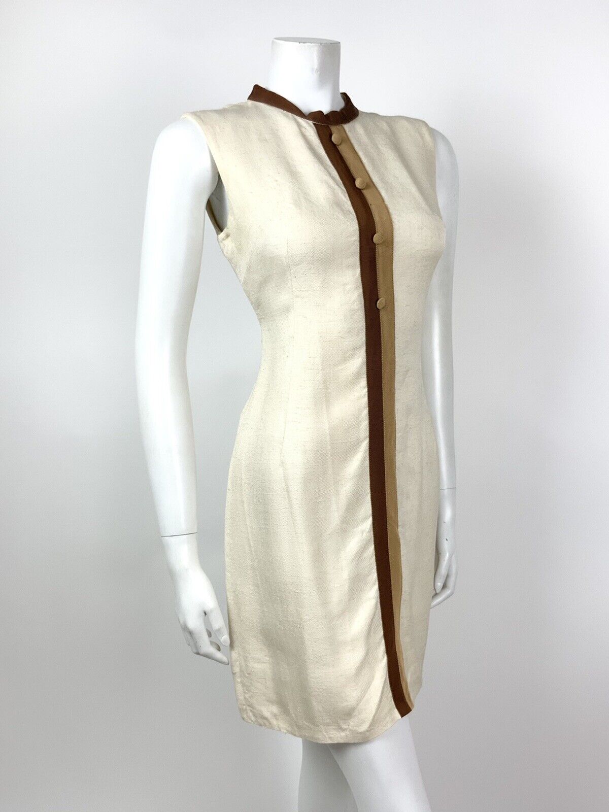 VINTAGE 60s 70s CREAM BROWN STRIPED MOD SLEEVELESS SHIFT DRESS 10