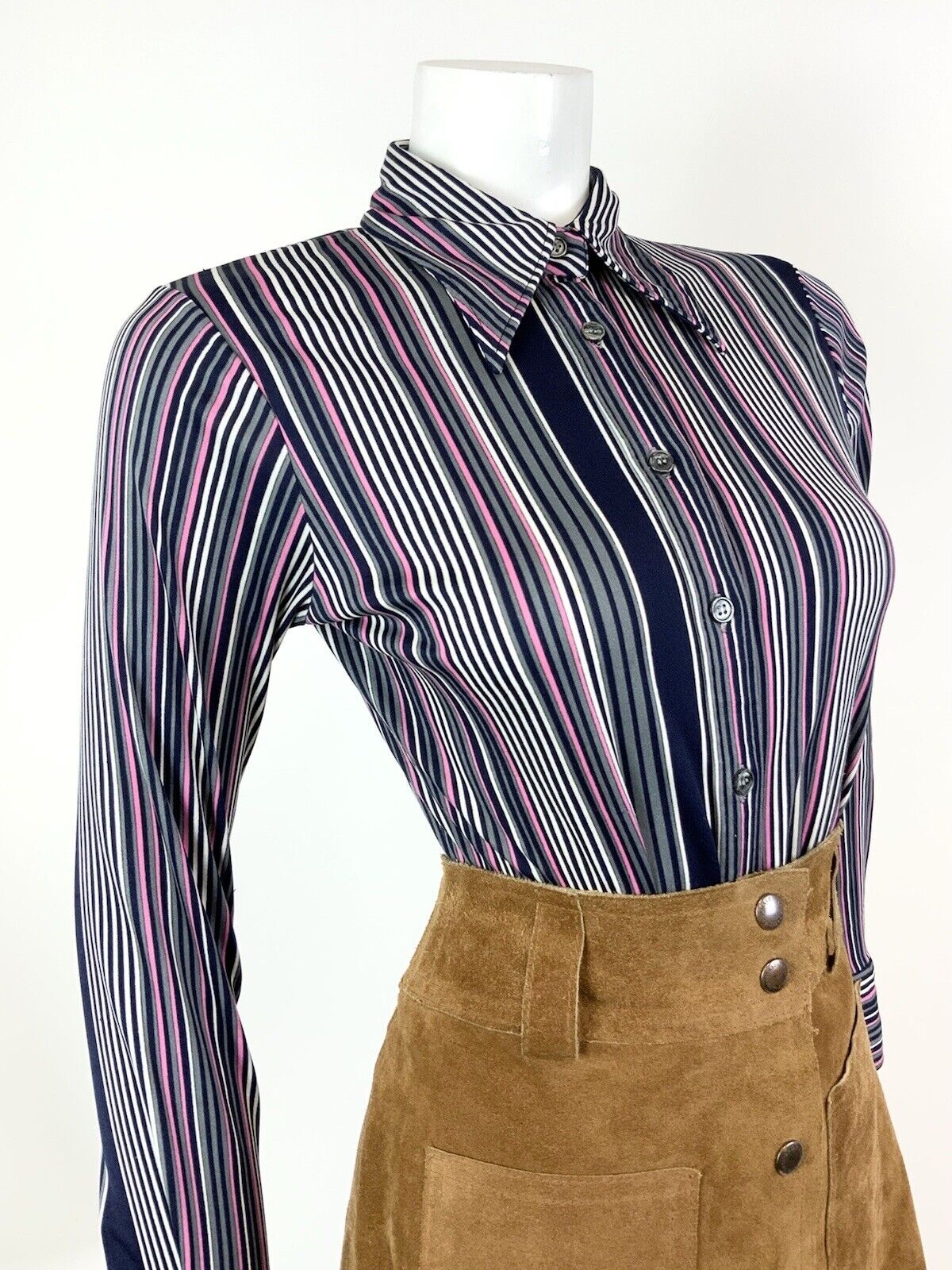 VINTAGE 60s 70s PURPLE BLACK BLUE WHITE STRIPED MOD DAGGER SHIRT BLOUSE 8 10