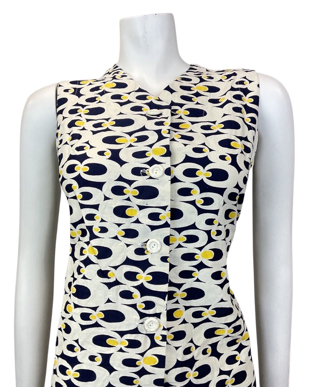 VINTAGE 60s 70s WHITE BLUE YELLOW PSYCHEDELIC MOD SLEEVELESS SHIFT DRESS 10