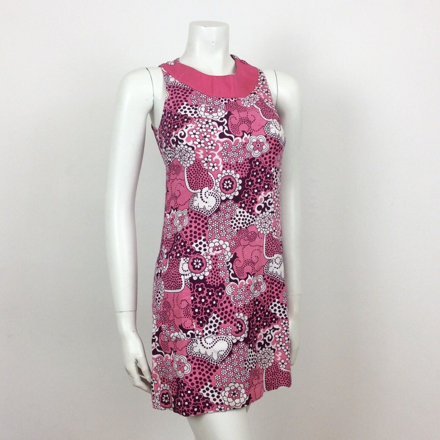 VINTAGE 60S COTTON PINK PURPLE PSYCHEDELIC FLORAL MINI DRESS 8 10