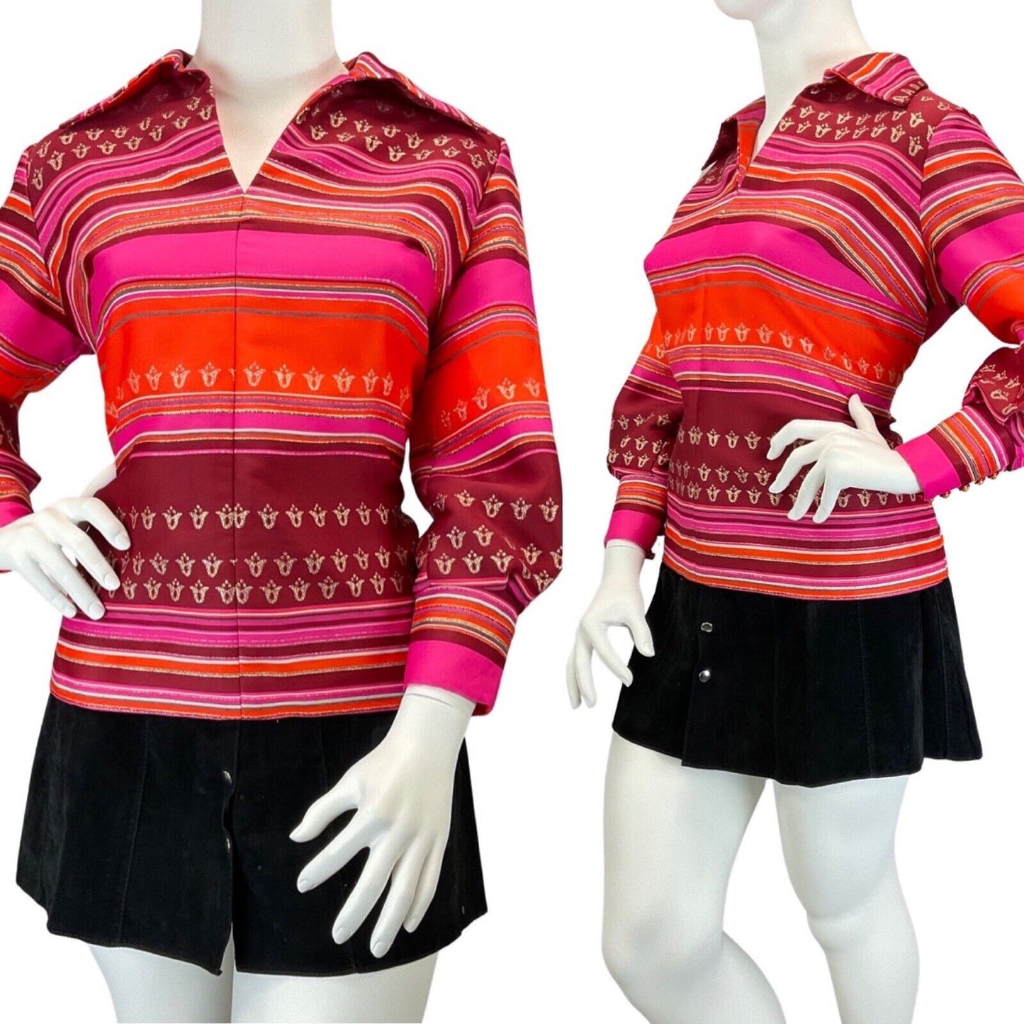 VINTAGE 60s 70s PINK GOLD STRIPED DAGGER COLLAR MOD PARTY BLOUSE SHIRT 20 22