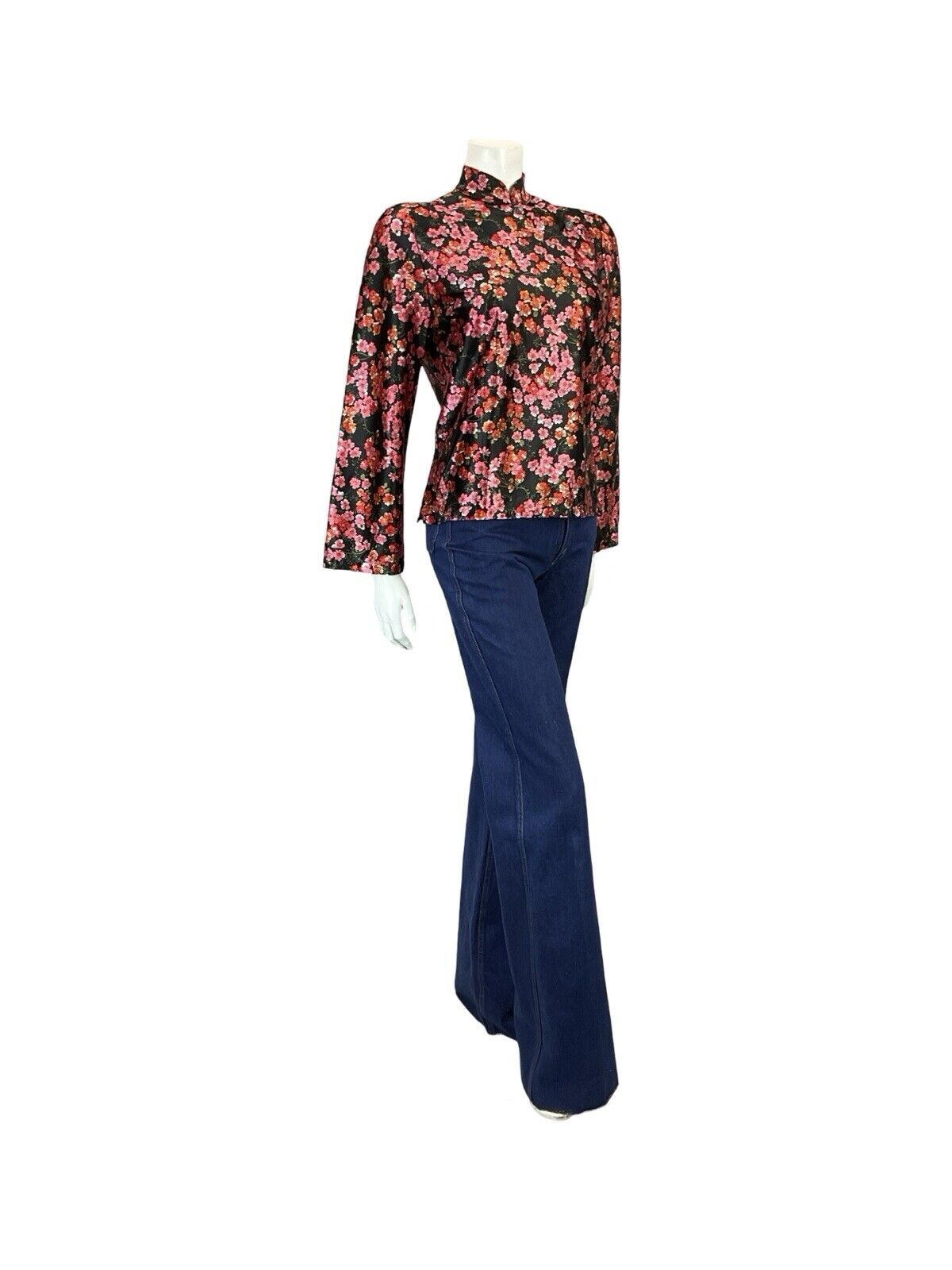 VTG 70S BLACK RED PINK FLORAL CHERRY BLOSSOM MANDARIN CHEONSAM TOP BLOUSE 8 10 S