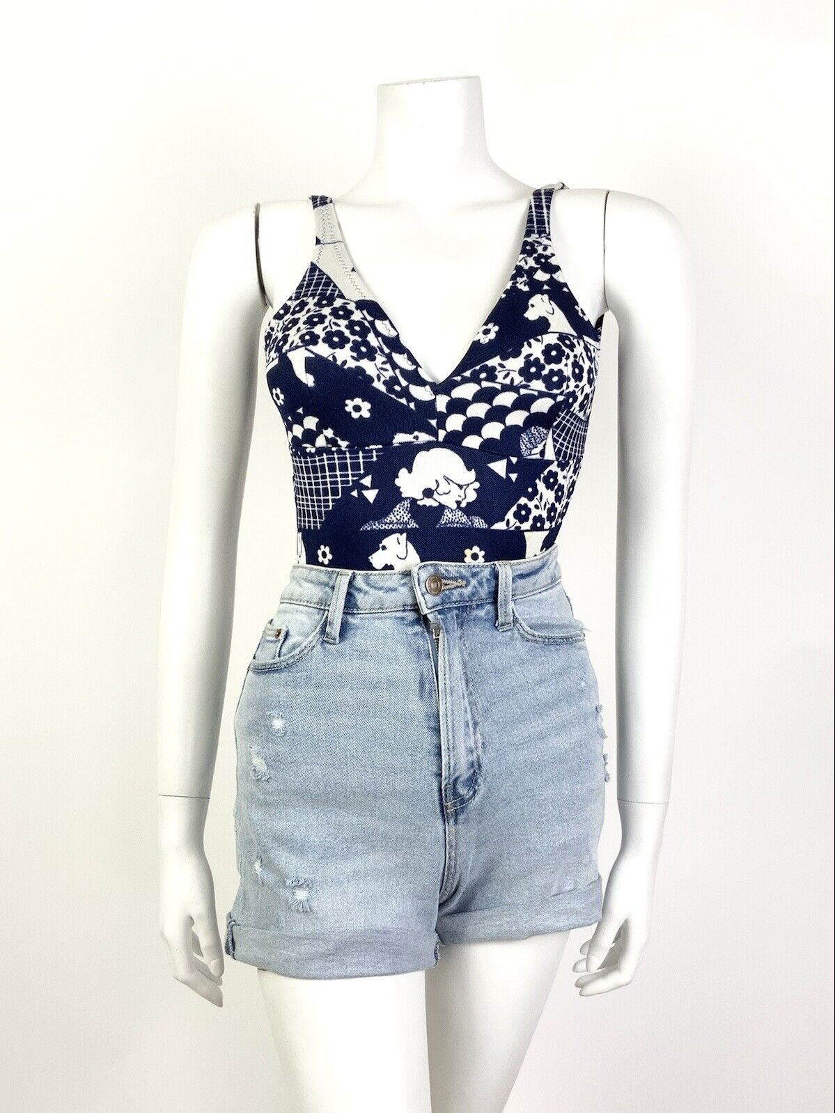 VINTAGE 60s 70s BLUE WHITE FLORAL DOG SCALES MOD PATCHWORK SWIM BODY SUIT 8 10