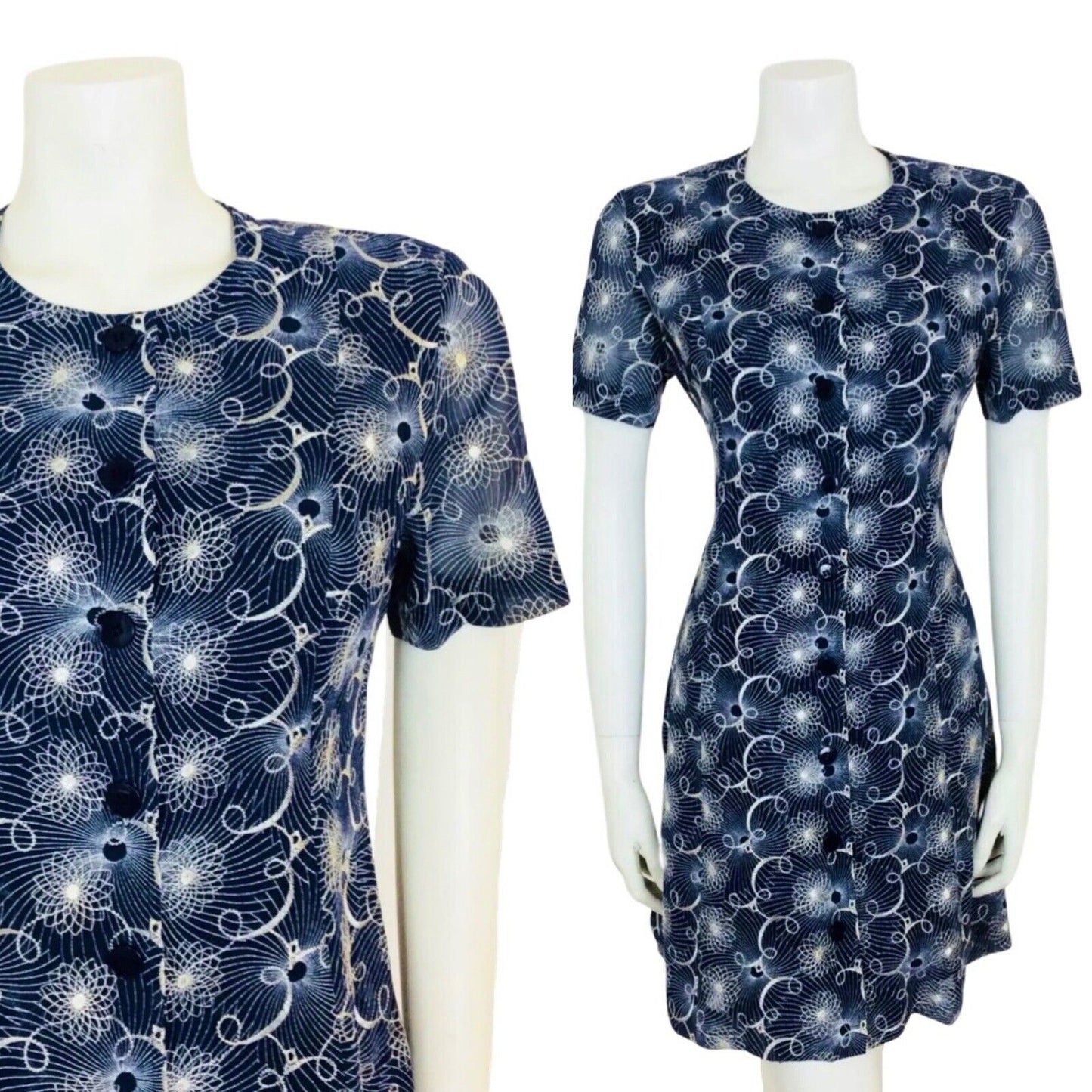 VINTAGE 1960S NAVY BLUE WHITE EMBROIDERED FLORAL SPIROGRAPH DRESS 10 12
