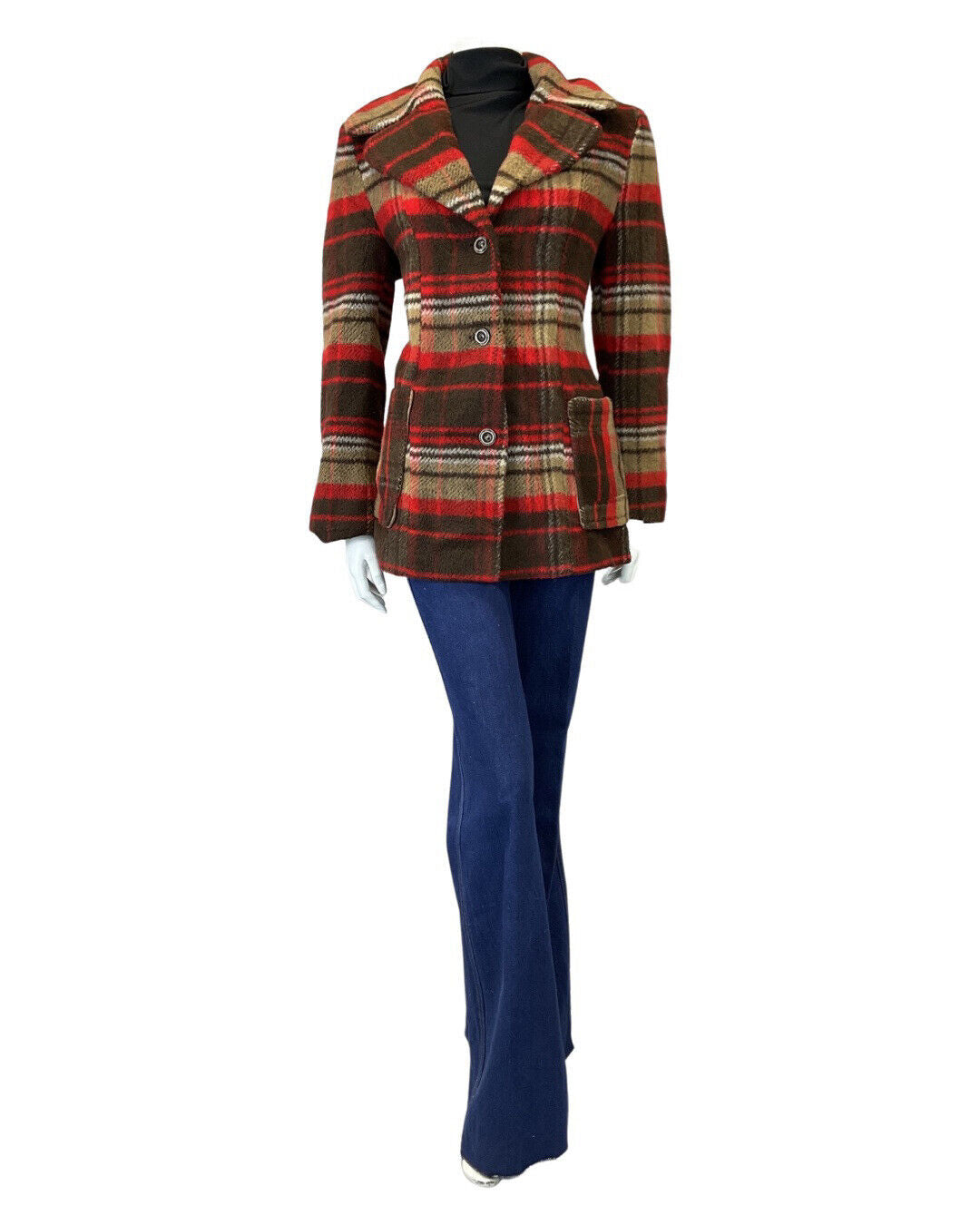 VINTAGE 60s 70s BROWN RED PLAID CHECKED STRIPED MOD WOOL SHORT COAT 14 16