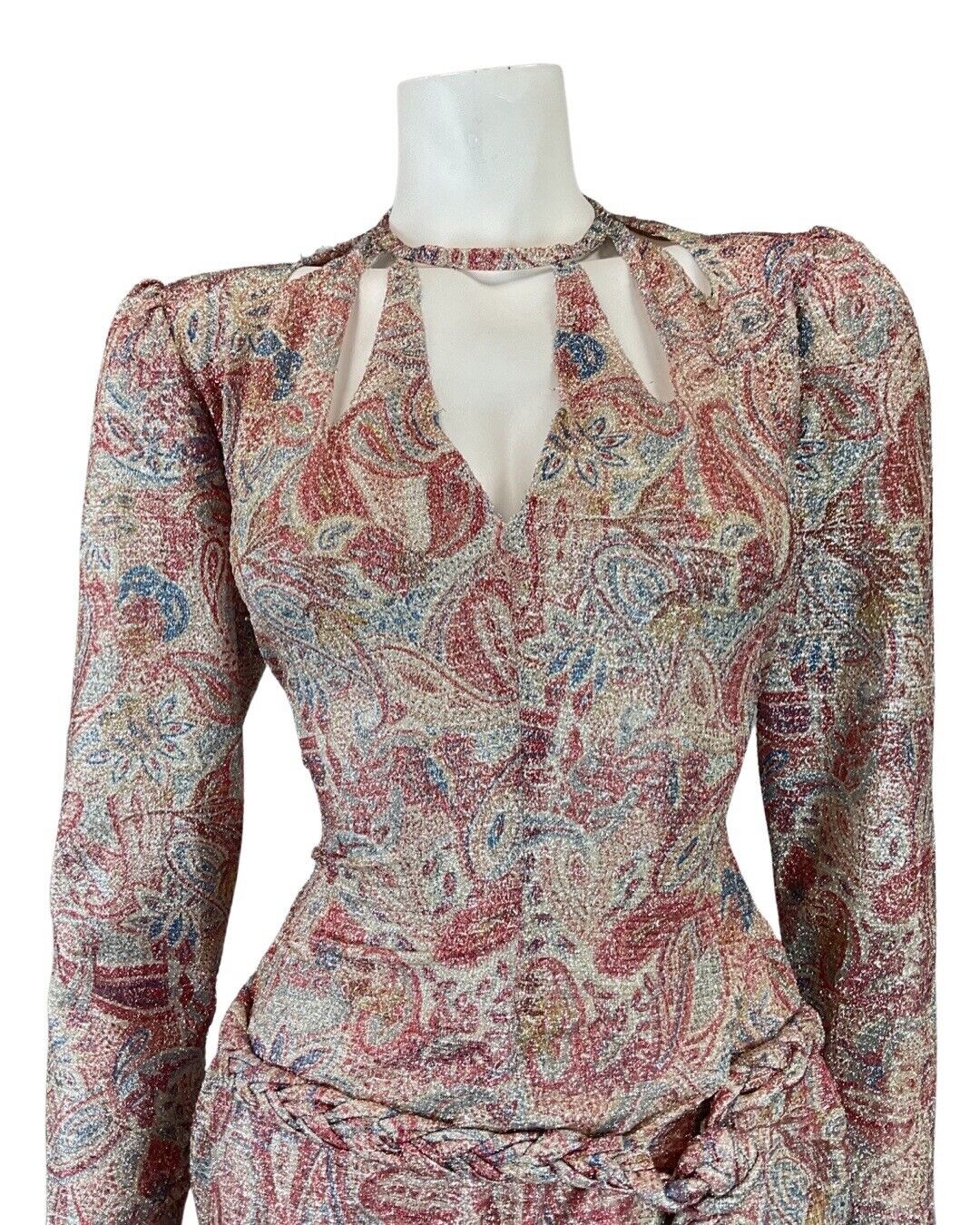 VINTAGE 60s 70s PINK BLUE SILVER PAISLEY FLORAL LUREX CUT-OUT MOD DISCO DRESS 8