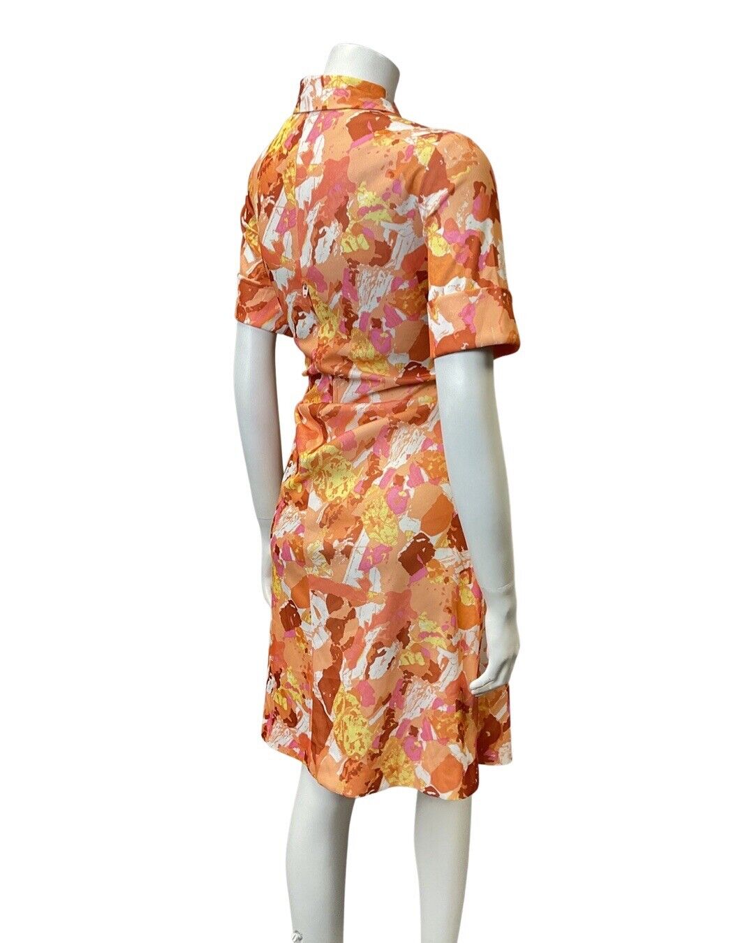 VINTAGE 60s 70s ORANGE PINK BROWN PSYCHEDELIC FLORAL LEAF DAGGER SHIRT DRESS 14