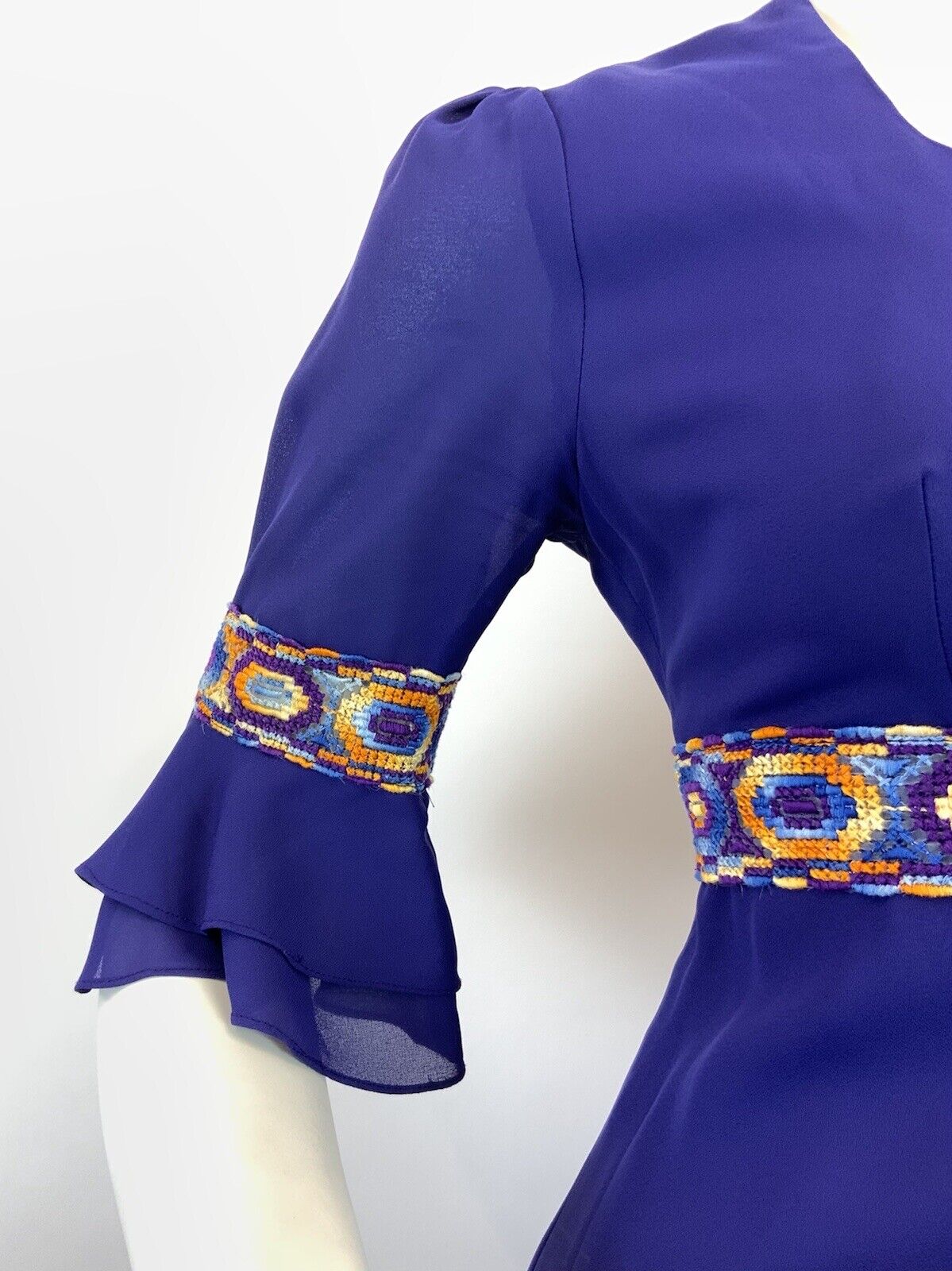 VTG 60s 70s PURPLE ORANGE BLUE EMBROIDERED GEOMETRIC MOD EMPIRE MAXI DRESS 10 12
