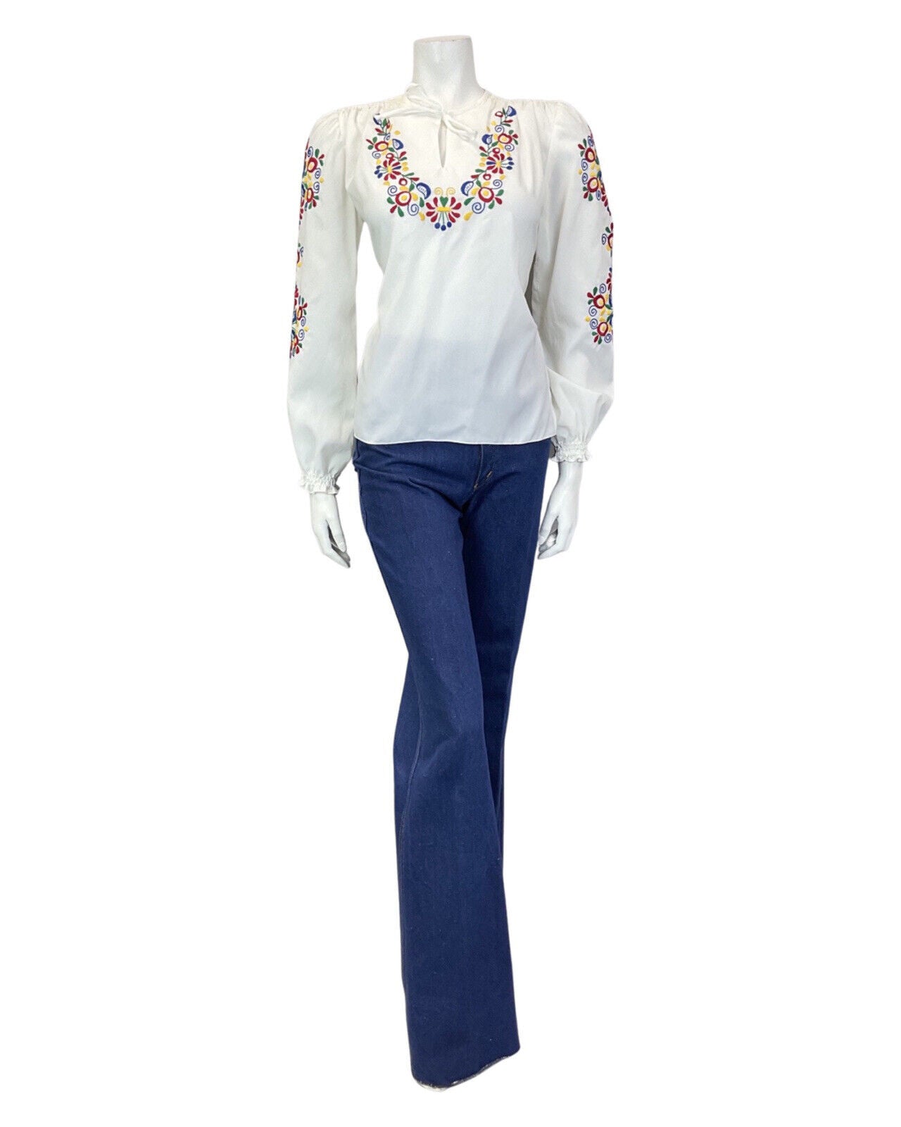 VINTAGE 60s 70s WHITE RED GREEN YELLOW FLORAL EMBROIDERED BOHO FOLK BLOUSE 12
