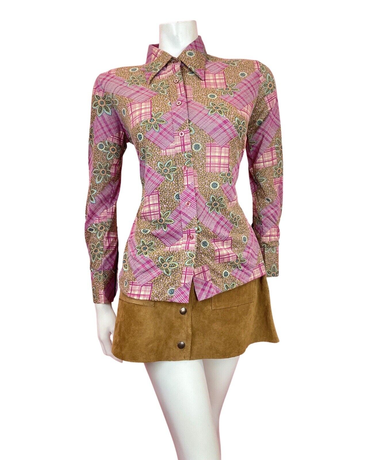 VINTAGE 60s 70s PURPLE GOLD BLUE PATCHWORK FLORAL CHECKED MOD DAGGER SHIRT 12 14
