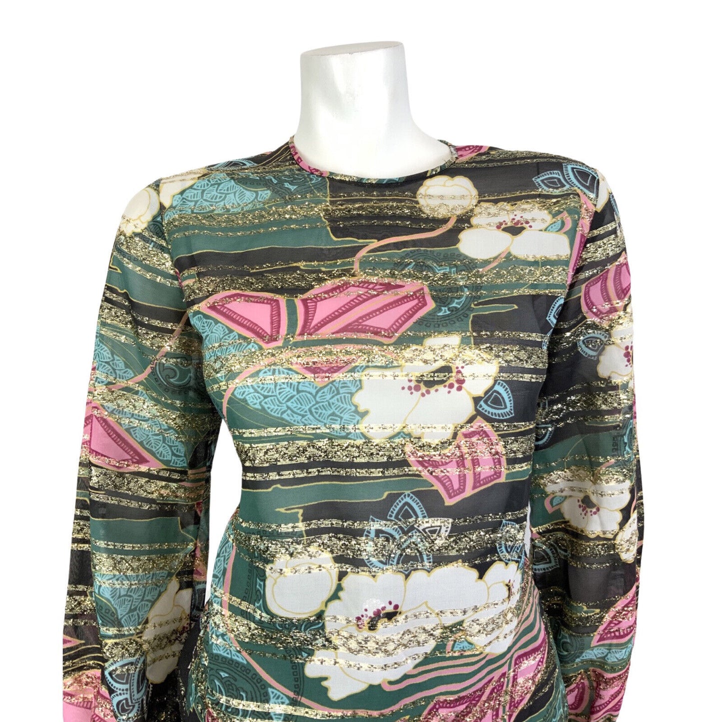VINTAGE 60s 70s GREEN BLACK PINK GOLD PSYCHEDELIC FLORAL STRIPED SHEER TOP 12 14