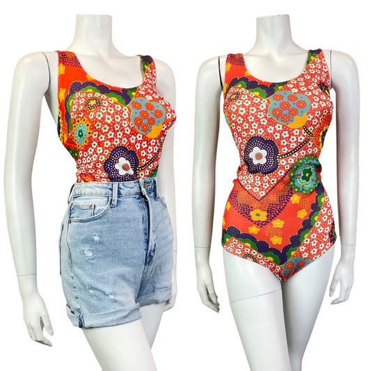 VINTAGE 60s 70s ORANGE PURPLE GREEN DAISY FLOWER DOTTY MOD SWIMSUIT 16 18