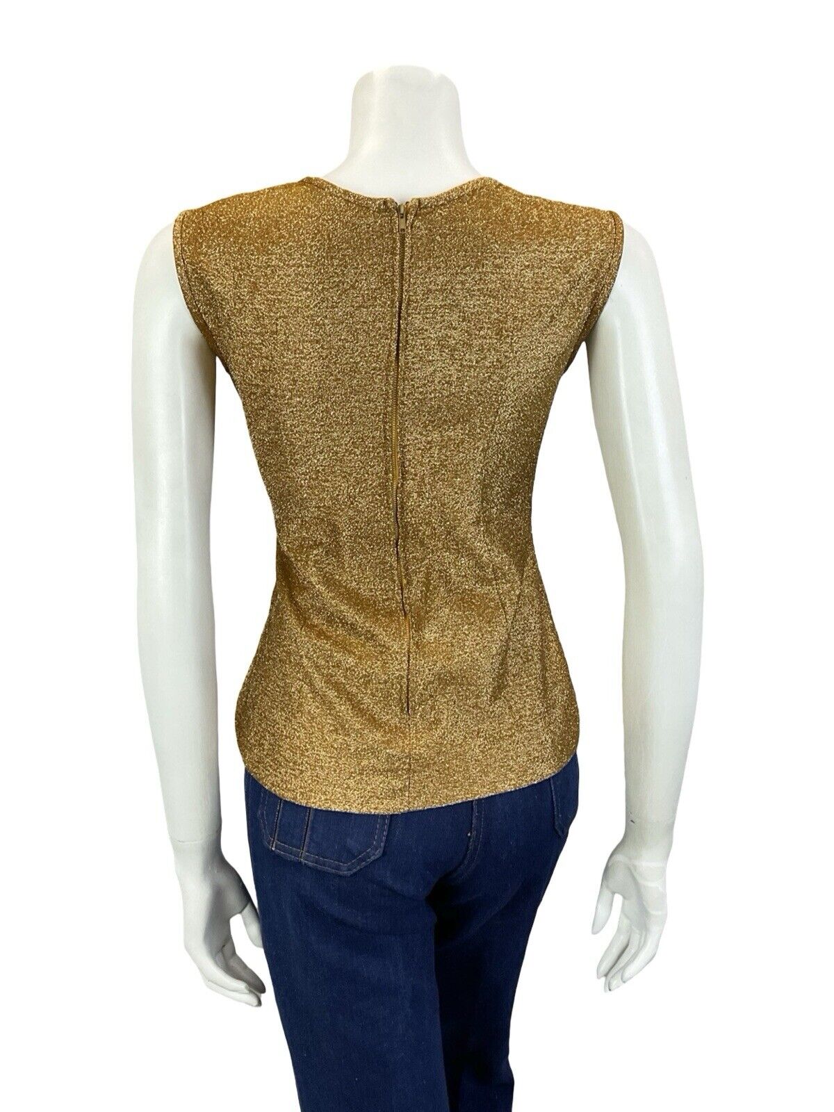 VTG 60S GOLD LUREX SWIRL PIPING ROUNDED NECK SLEEVELESS FITTED PARTY TOP 10