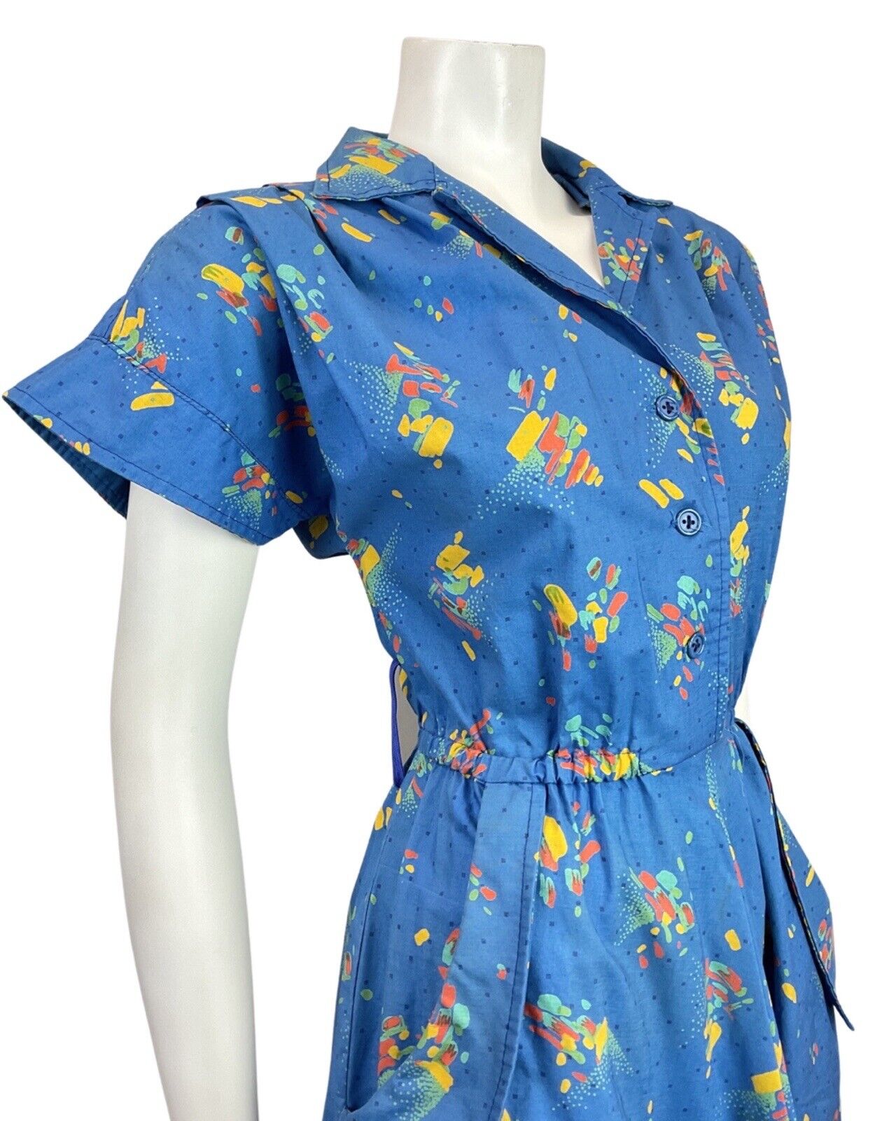VTG 80s does 50s BLUE ORANGE GREEN ABSTRACT PAINT-STROKE SHIRT TEA-DRESS 10 12