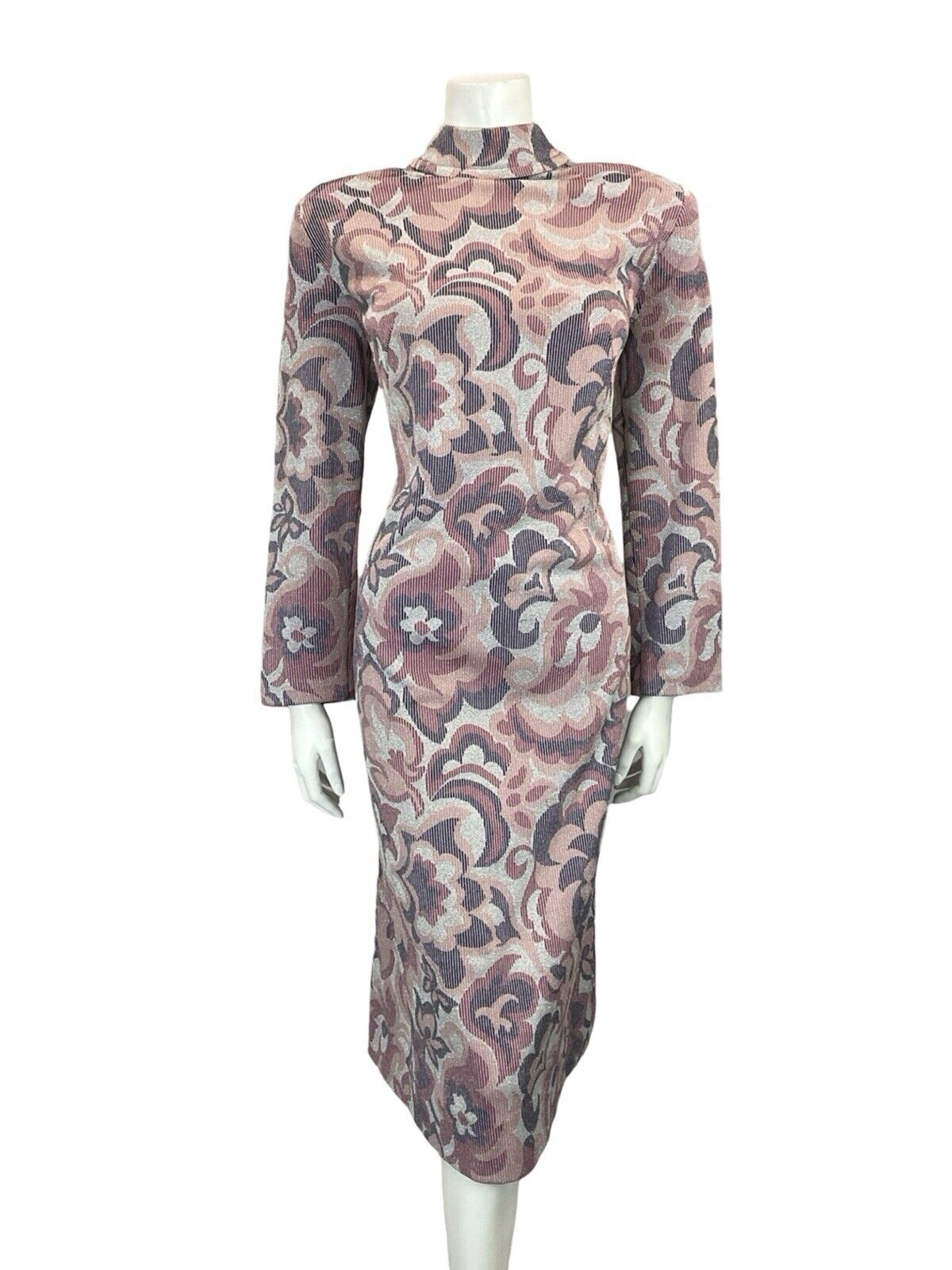 VTG 60S MOD PSYCHEDELIC SILVER PURPLE PINK SPARKLING FUNNEL NECK PARTY DRESS 16