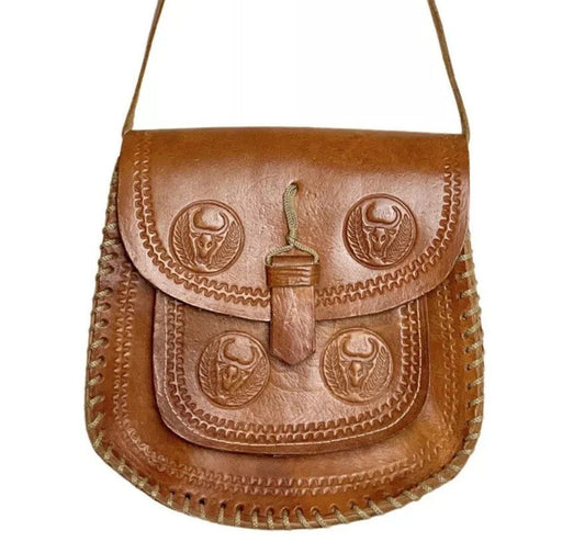 VINTAGE 60s 70s TAN BROWN LEATHER STAMPED TAURUS BULL LAUREL LEAF BOHO MOD BAG