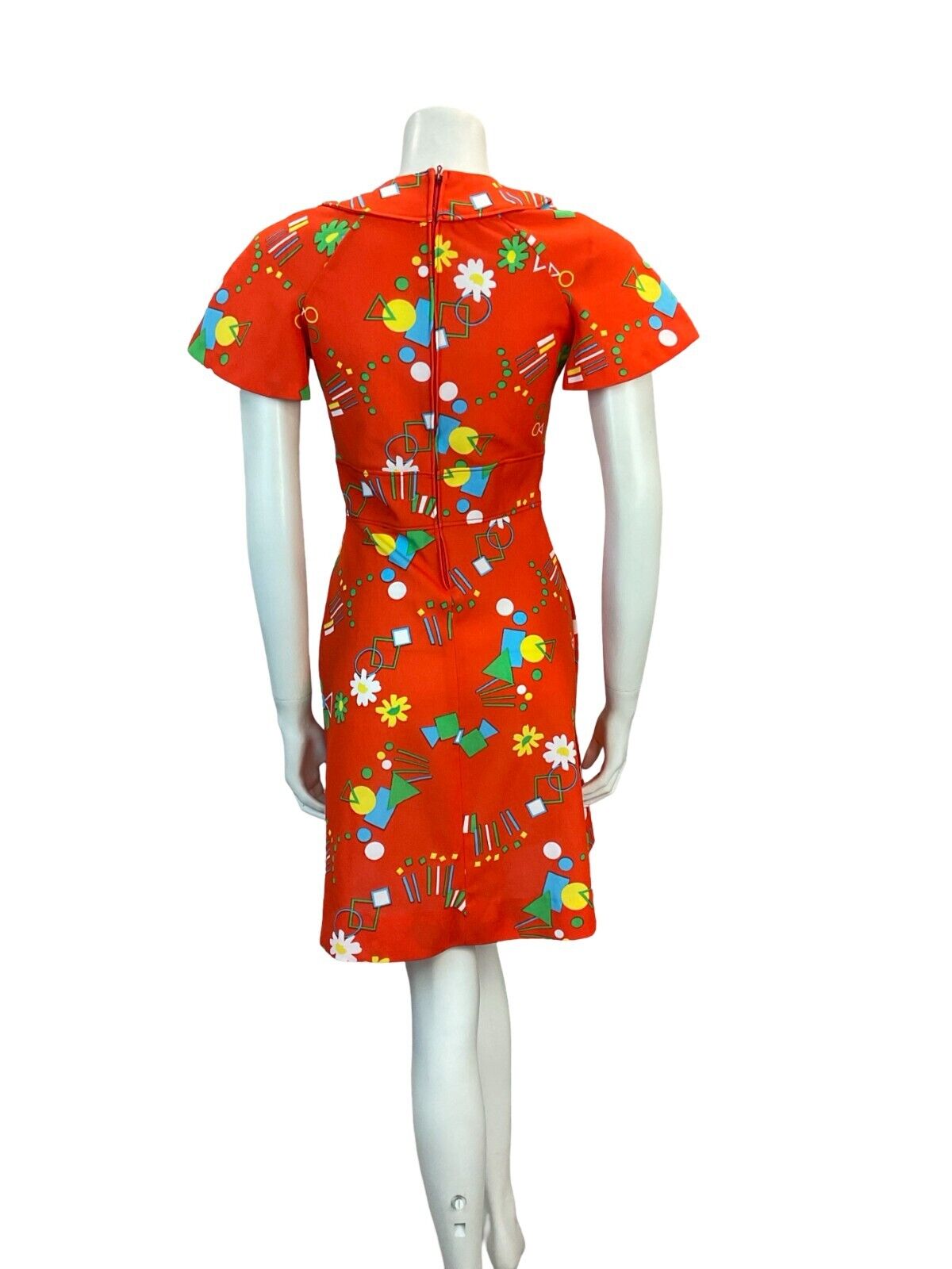 VTG 70S GEOMETRIC FLORAL DAISY MINI DRESS RED GREEN BLUE YELLOW 6 8