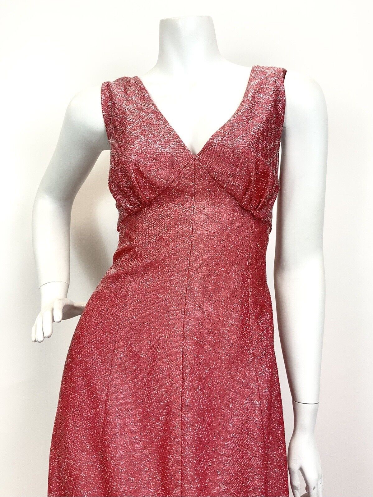 VTG 60s 70s CORAL RED SILVER METALLIC LUREX DISCO GLAM STUDIO 54 MAXI DRESS 10