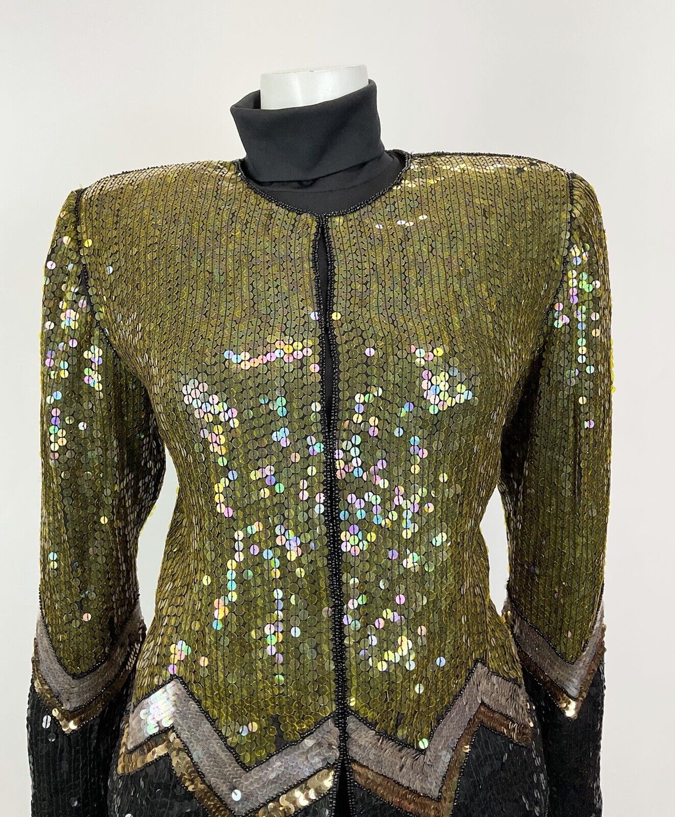 VINTAGE 70s 80s GOLD BLACK SILVER SEQUIN ZIG-ZAG DISCO PARTY TROPHY JACKET 8 10