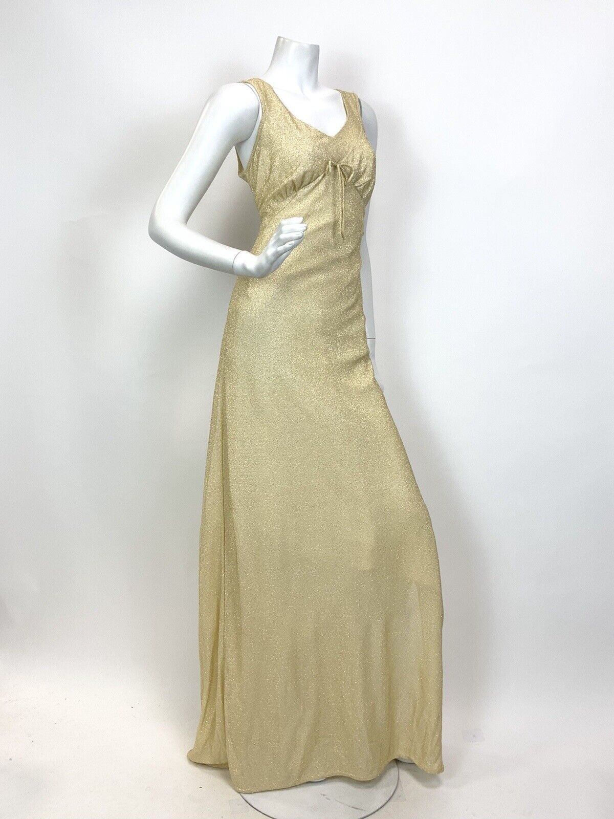 VINTAGE 60s 70s GOLD LUREX GLITTERY STUDIO 54 PARTY SLEEVELESS MAXI DRESS 10