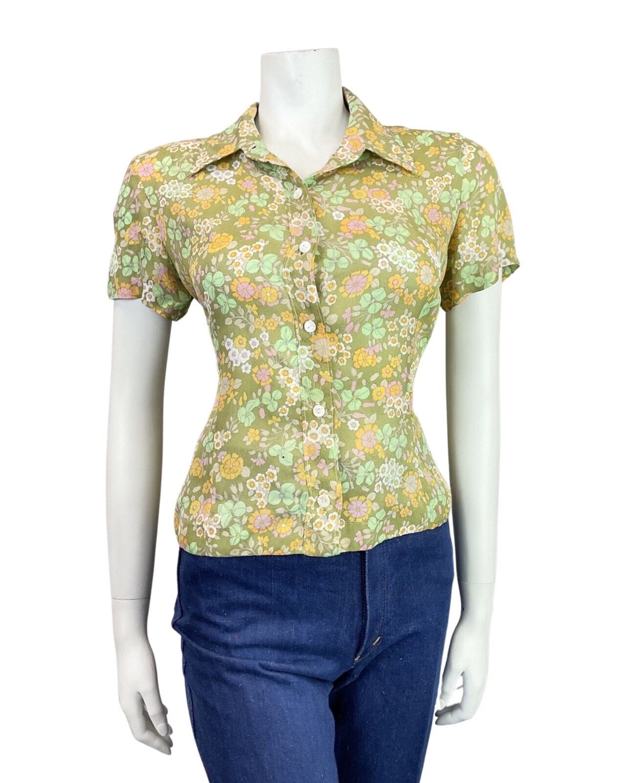 VINTAGE 60s 70s GREEN PINK YELLOW FLORAL BOTANICAL PRAIRIE BLOUSE 12 14