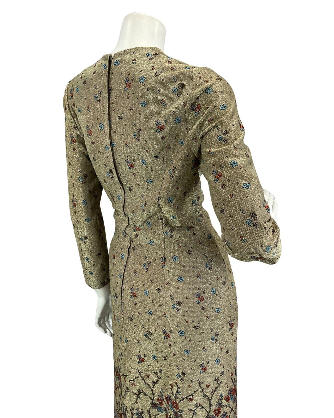 VINTAGE 60s 70s GOLD SPARKLY FLORAL BIRD PRINT DISCO BOHO FOLK MAXI DRESS 10 12