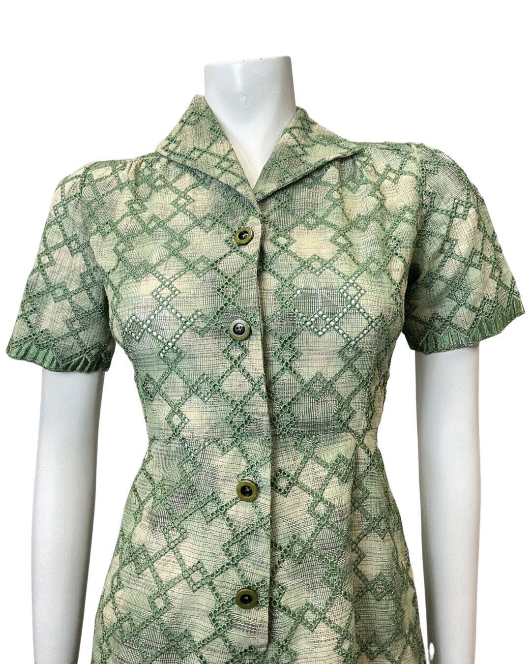 VINTAGE 60s 90s GREEN CREAM DIAMOND EMBROIDERED ANGLAISE MOD SHIRT DRESS 8 10
