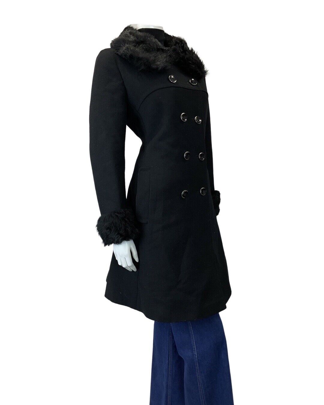VINTAGE 60s 70s JET BLACK FAUX FUR DOUBLE BREASTED WOOL PRINCESS COAT 12