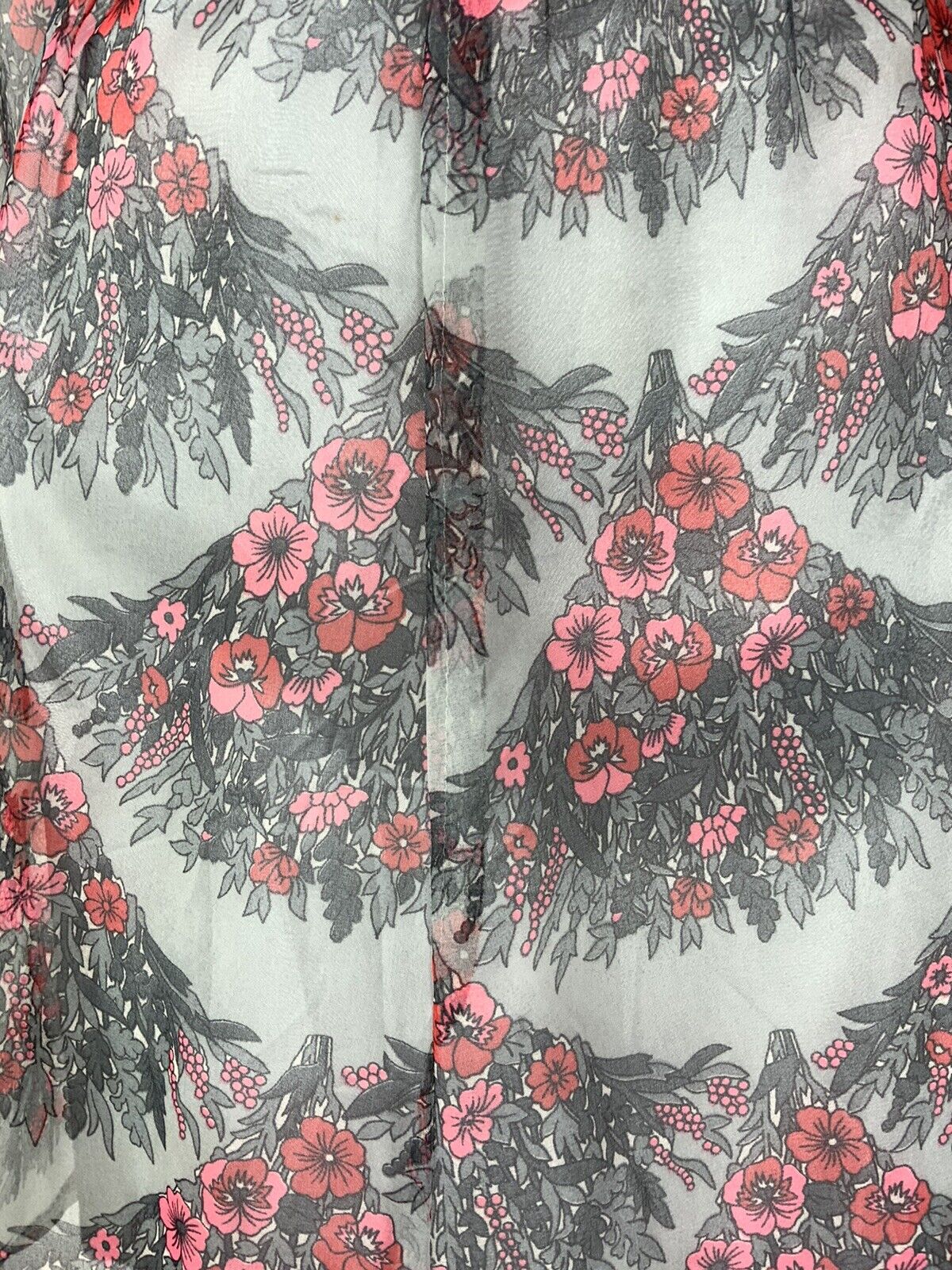 VINTAGE 60s 70s GREY RED PINK FLORAL SCALES RUFFLED SHEER MOD DRESS 12 14