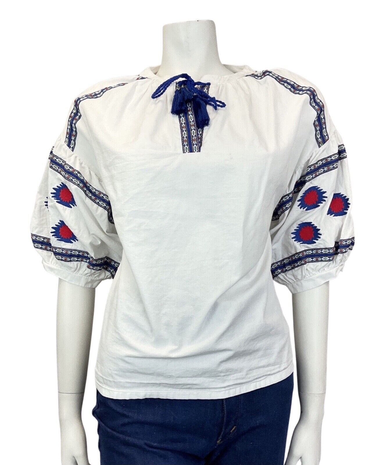 VINTAGE 70s STYLE WHITE BLUE RED EMBROIDERED BOHO FOLK BLOUSE 14