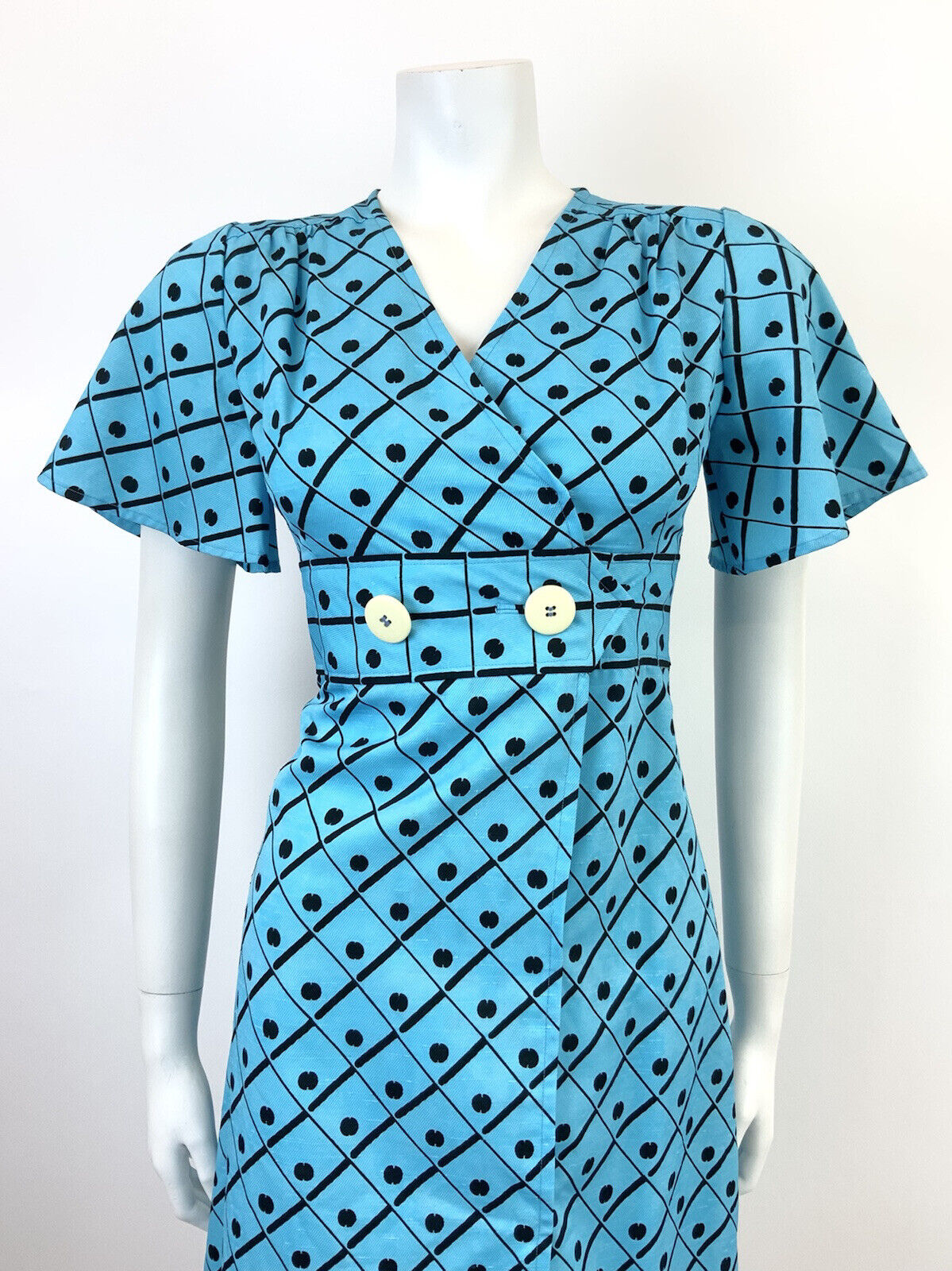 VINTAGE 60s 70s BRIGHT BLUE BLACK GRID CHECKED DOTTY BELL SLEEVE MOD DRESS 8 10