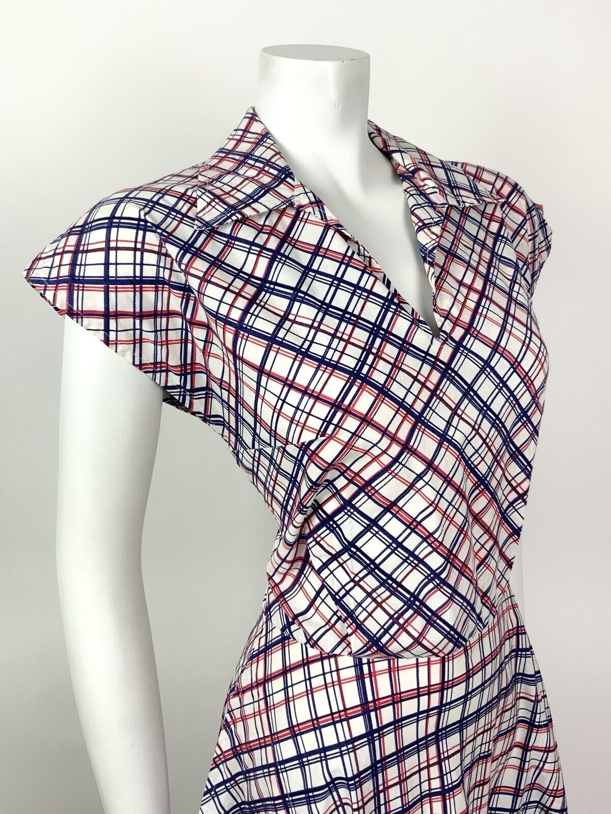 VINTAGE 60s 70s WHITE BLUE RED GRID CHECKED MOD WING SHIRT DRESS 10 12