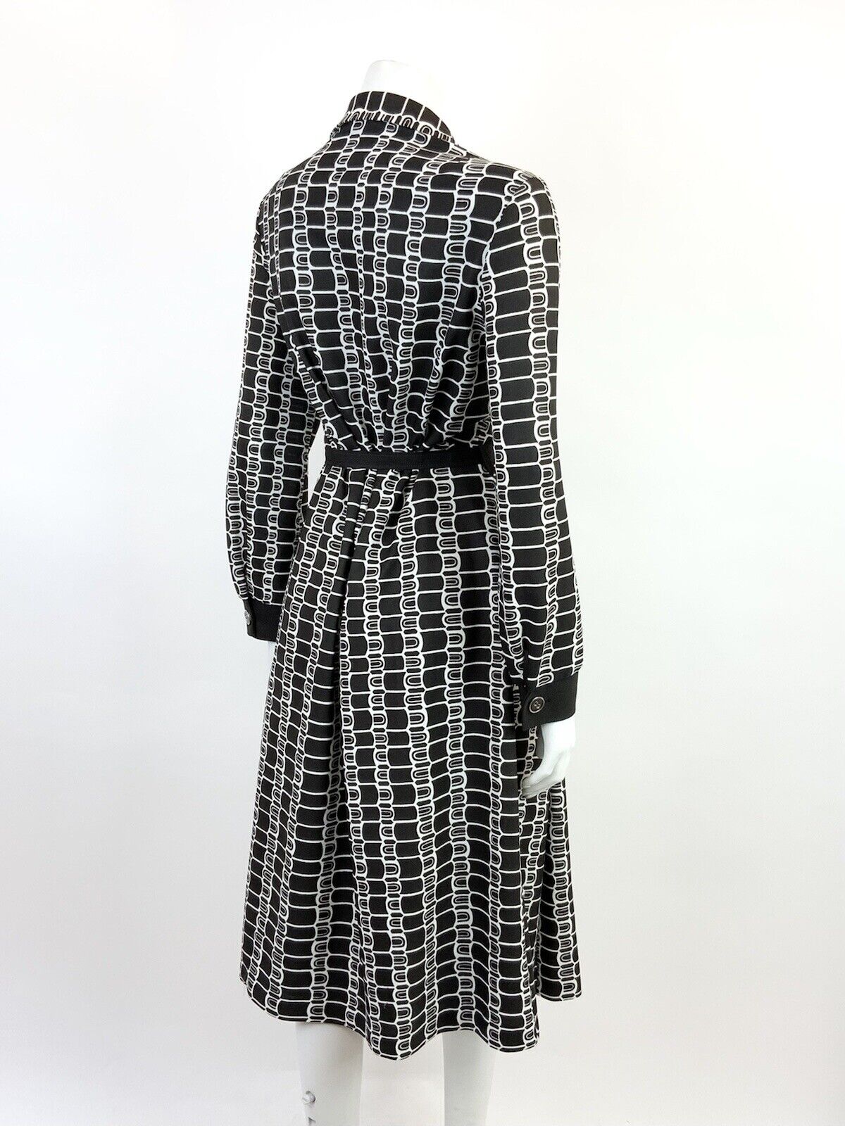 VINTAGE 60s 70s DARK BROWN WHITE GEOMETRIC BELTED SHIRT MIDI DRESS 14 16