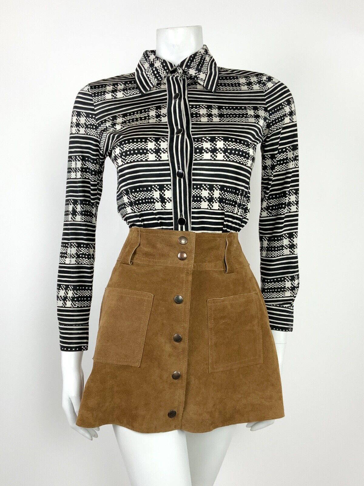 VINTAGE 60s 70s BLACK WHITE STRIPED CHECKERBOARD GEOMETRIC MOD HIPPY SHIRT 8 10