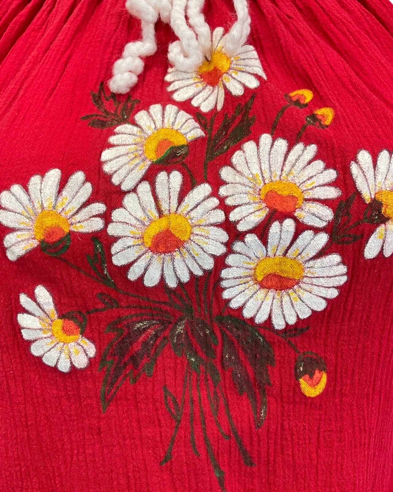 VINTAGE 60s 70s RED WHITE DAISY FLOWER BOHO FOLK PRAIRIE BLOUSE 12