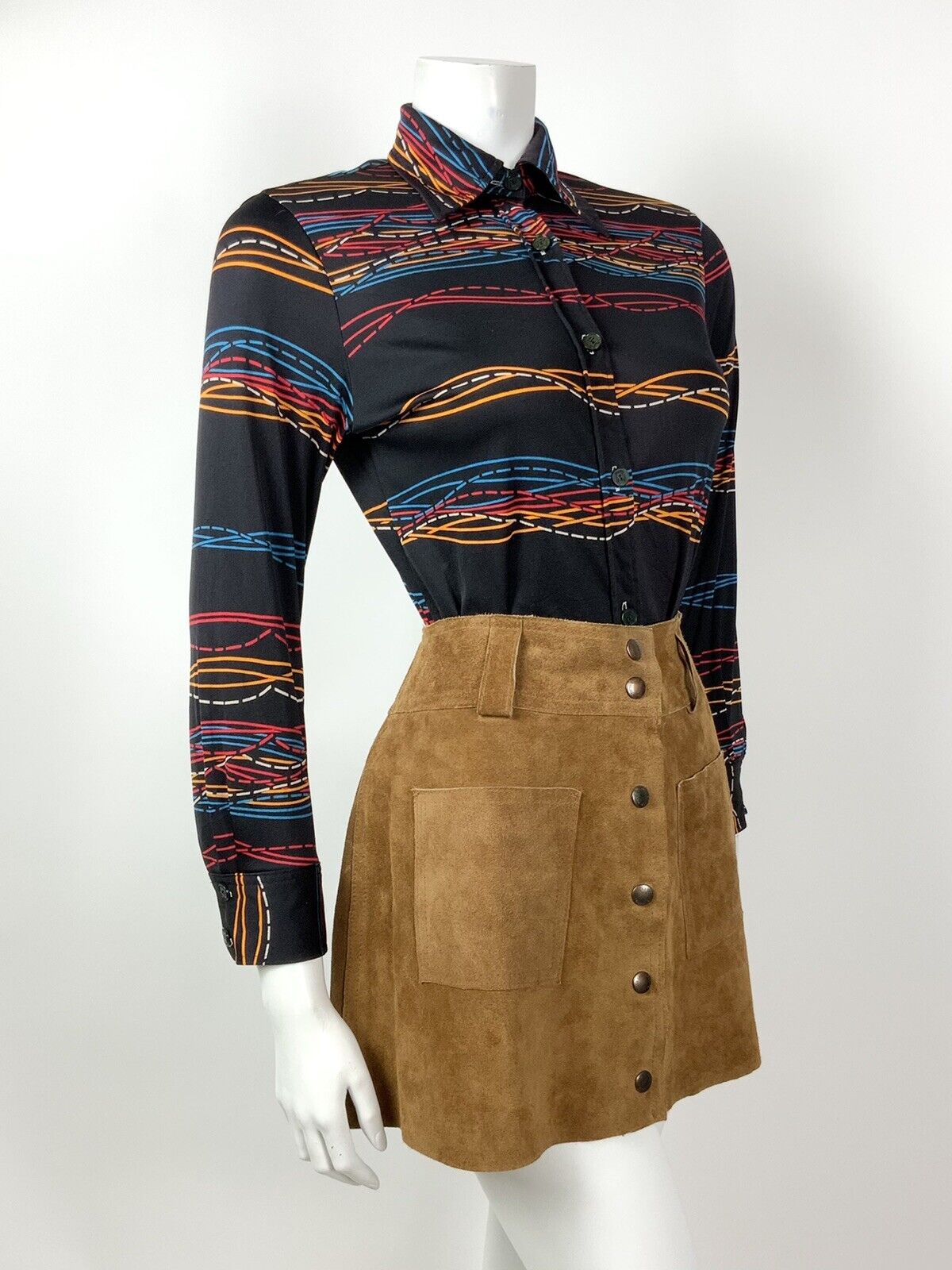 VINTAGE 60s 70s BLACK ORANGE BLUE RED WAVY STRIPED DAGGER COLLAR SHIRT 10 12
