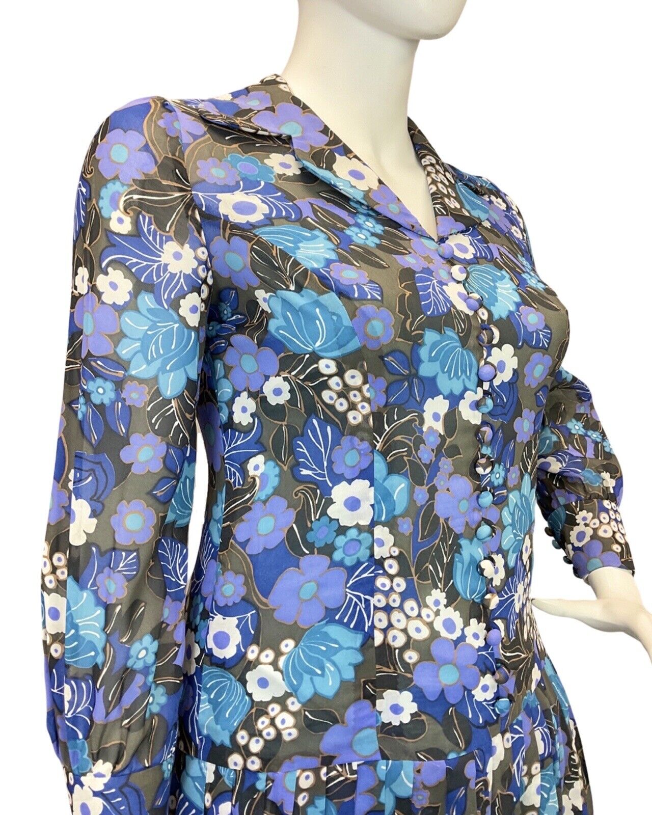 VINTAGE 60s 70s BLUE GREY BLACK FLORAL SHEER PLEATED MOD DROP-WAIST DRESS 14 16