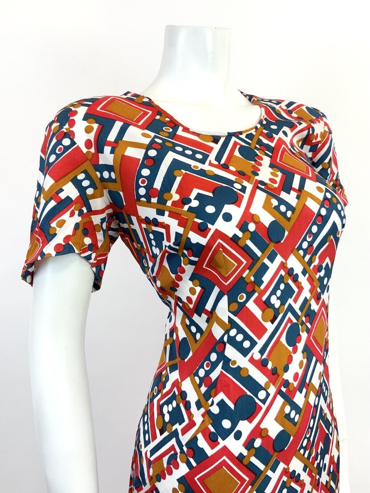 VINTAGE 60s 70s WHITE BLUE RED BRONZE GEOMETRIC DOTTY MOD DRESS 12 14