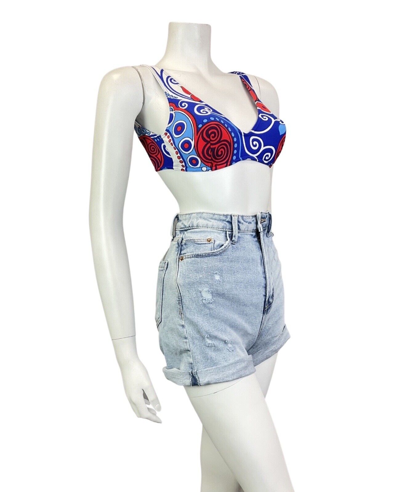 VINTAGE 60s BLUE RED WHITE PSYCHEDELIC SWIRL BIKINI SWIM SET BRALETTE SHORTS 4 6