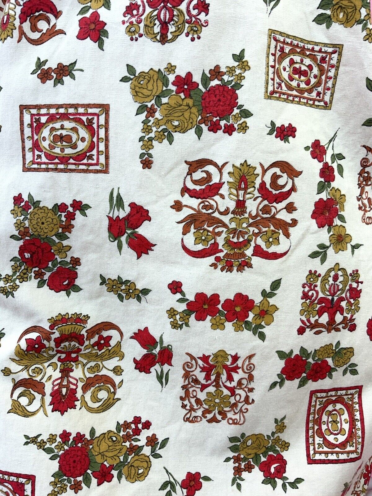 VINTAGE 60s 70s CREAM GREEN RED ORNATE FLORAL ROSE DECO MOD SHIFT DRESS 10