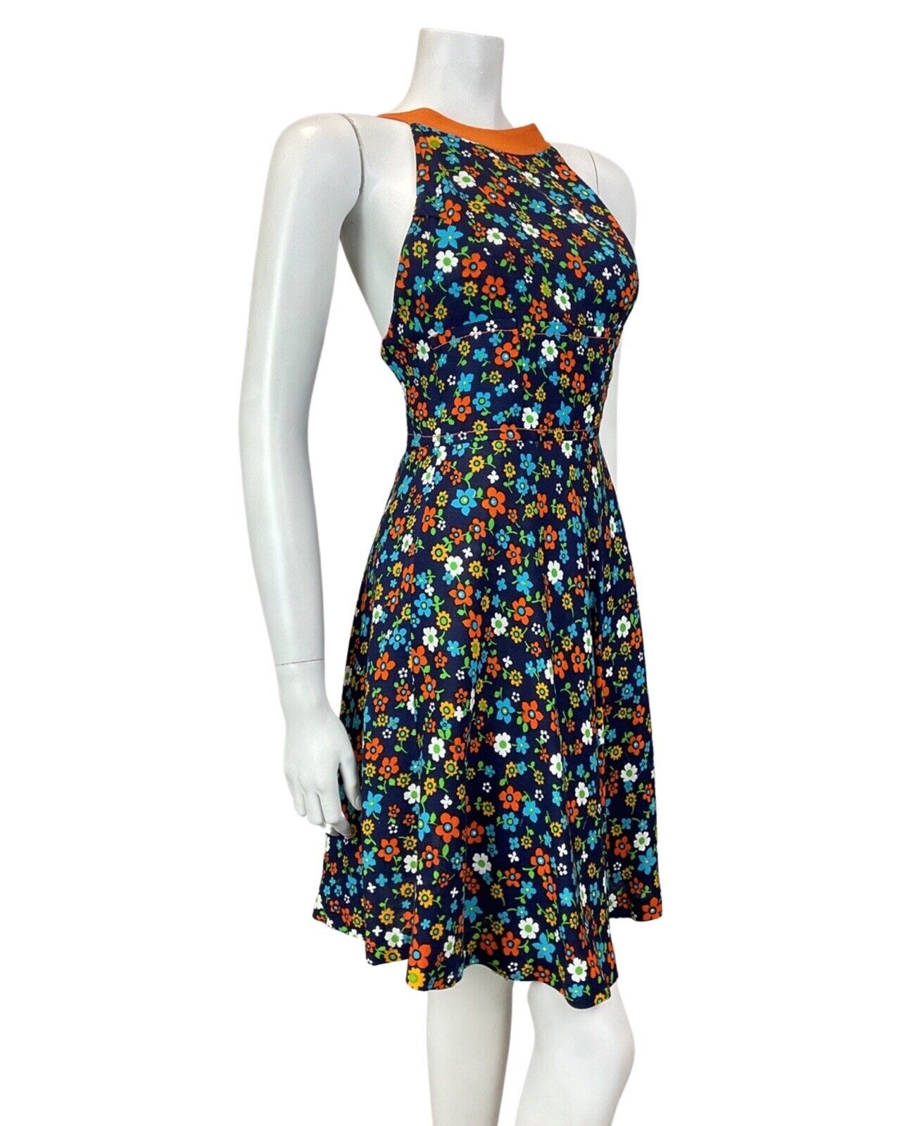 VINTAGE 60s BLUE ORANGE GREEN FLORAL DAISY DITSY MOD HALTER SUMMER DRESS 4 6