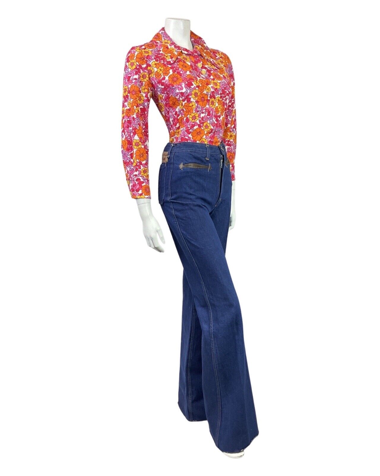 VINTAGE 60s 70s PINK ORANGE RED PSYCHEDELIC FLORAL DAISY BEAGLE COLLAR BLOUSE 8