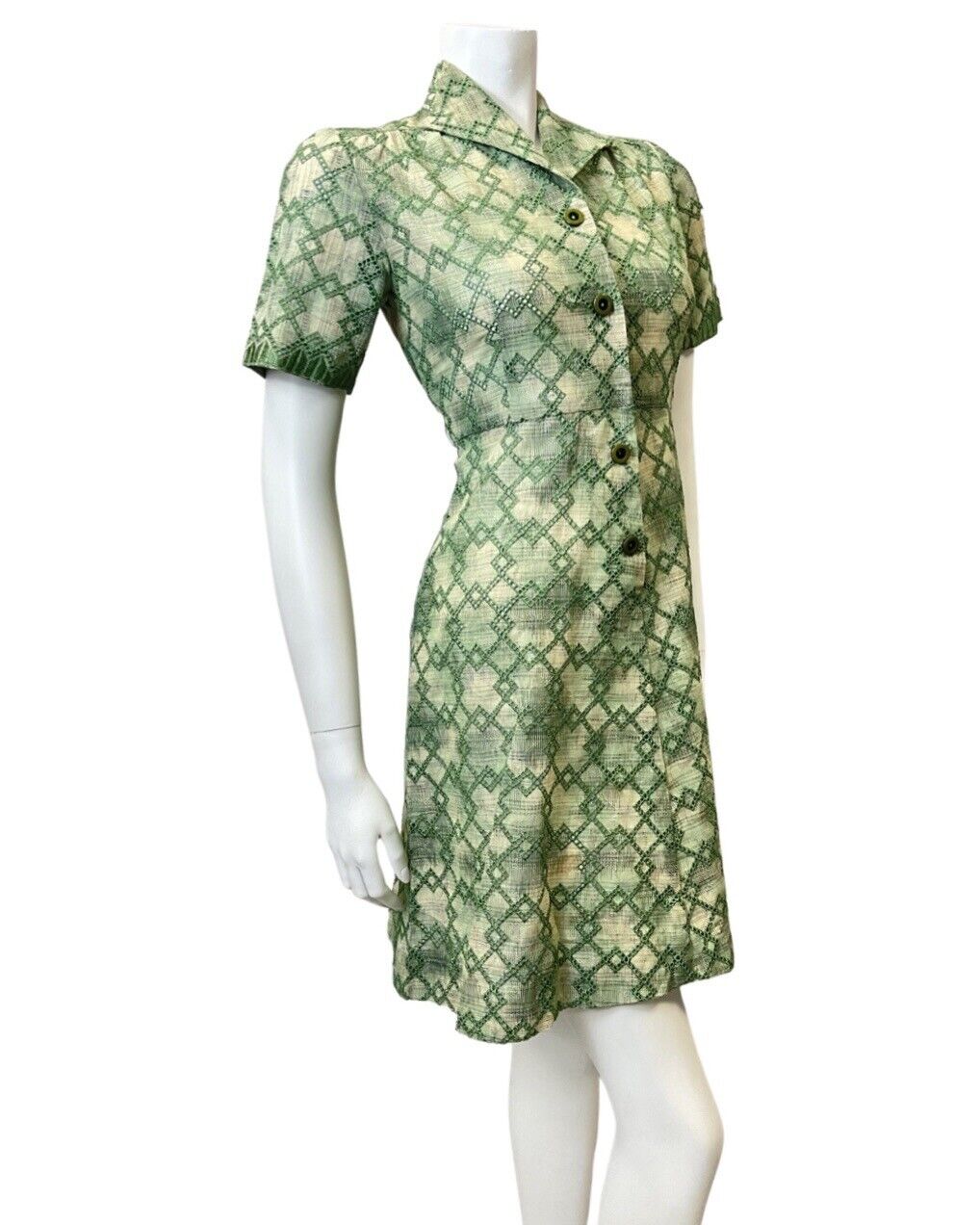 VINTAGE 60s 90s GREEN CREAM DIAMOND EMBROIDERED ANGLAISE MOD SHIRT DRESS 8 10