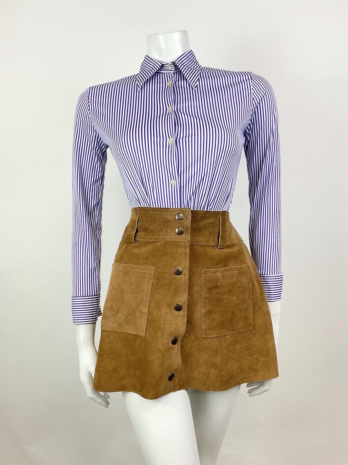 VINTAGE 60s 70s PURPLE WHITE STRIPED MOD DAGGER SHIRT BLOUSE 8