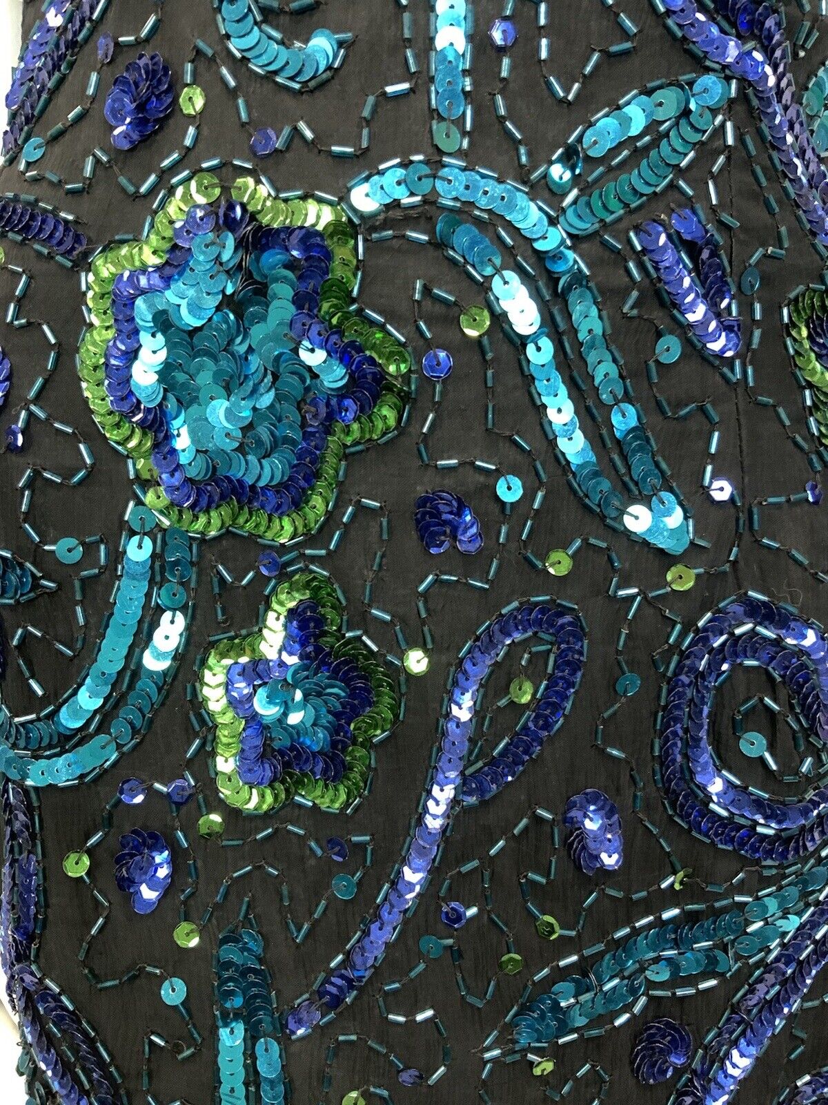 VTG 70s 80s BLACK BLUE GREEN VINE FLORAL SEQUIN DISCO STUDIO 54 PARTY DRESS 14